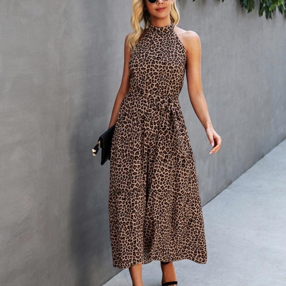 Boho Camel Leopard Belted Ruffle Halter Dress - Picture 2 of 4